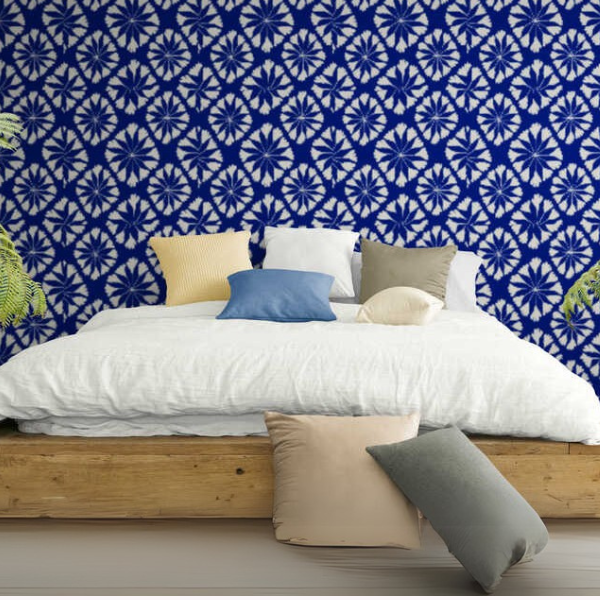 Woven Fabric Wallpaper - Moroccan Blue & White