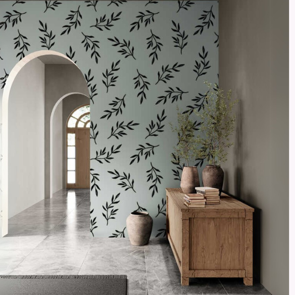 Woven Fabric Wallpaper - Leaf Design (Olive Green)