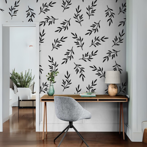 Woven Fabric Wallpaper – White Background with Black Leaf Design