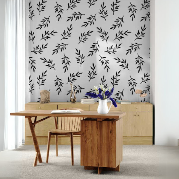 Woven Fabric Wallpaper - Leaf Design (Light Grey & Black)