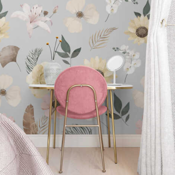 Woven Fabric Wallpaper - Vintage Floral (Light Grey)