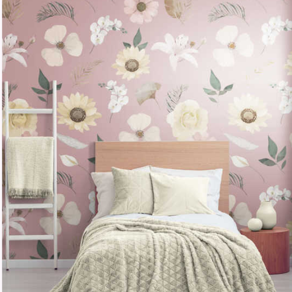 Woven Fabric Wallpaper - Vintage Floral (Pink)