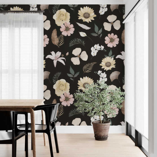Woven Fabric Wallpaper - Vintage Floral (Black)