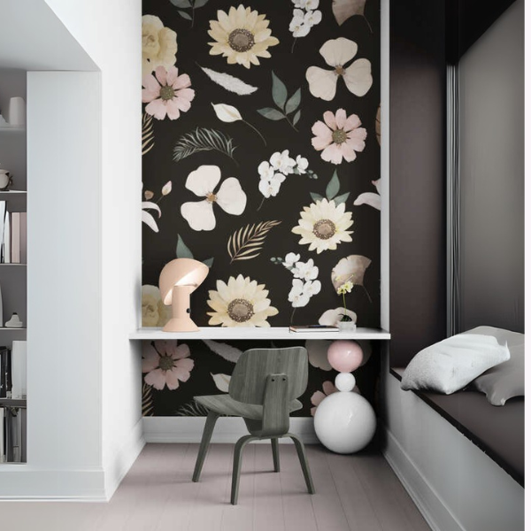 Woven Fabric Wallpaper - Vintage Floral (Black)