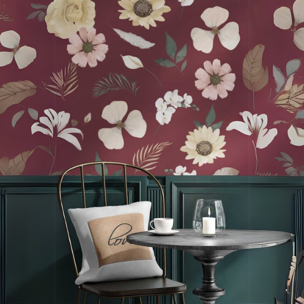 Woven Fabric Wallpaper - Vintage Floral (Maroon)