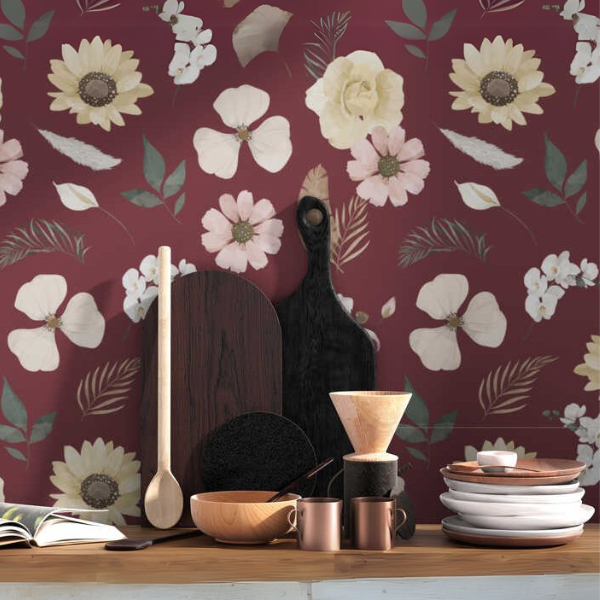 Woven Fabric Wallpaper - Vintage Floral (Maroon)