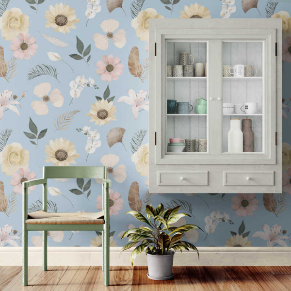 Woven Fabric Wallpaper - Vintage Floral (Light Blue)