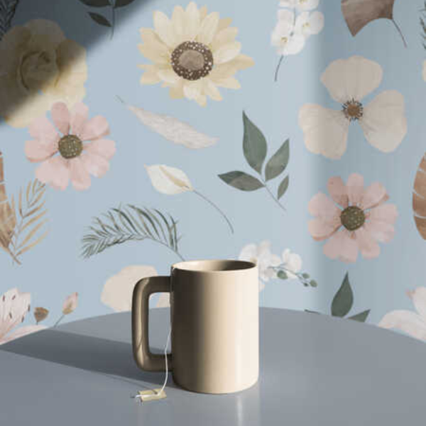 Woven Fabric Wallpaper - Vintage Floral (Light Blue)