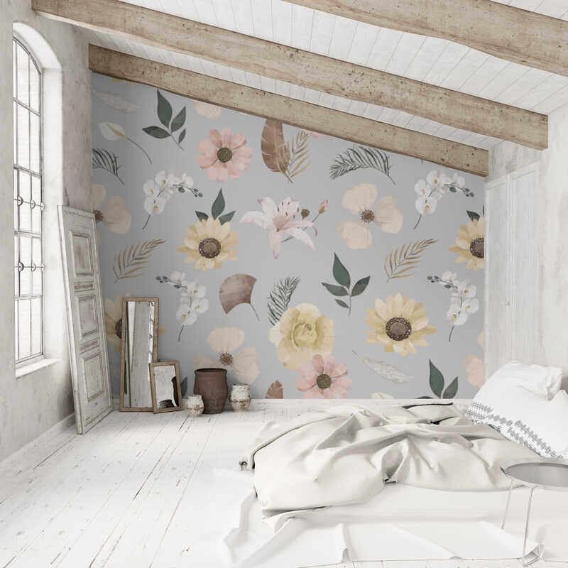 Woven Fabric Wallpaper - Vintage Floral (Light Grey)