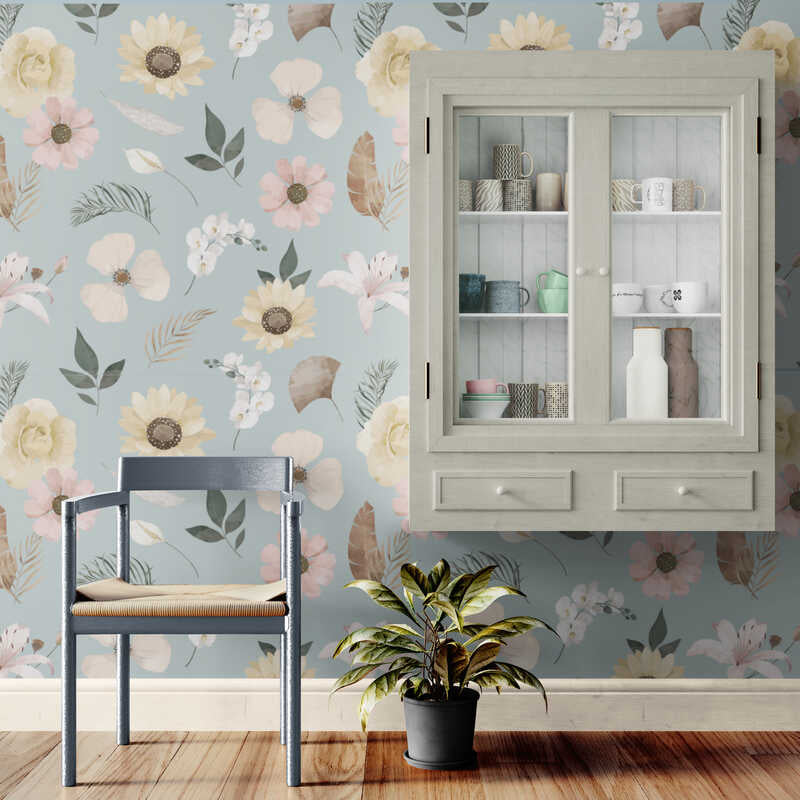 Woven Fabric Wallpaper - Vintage Floral (Light Green)