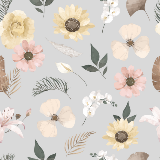 Woven Fabric Wallpaper - Vintage Floral (Light Grey)